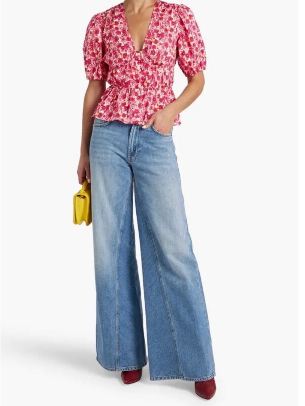 10 Crosby Derek Lam Pink Floral Peplum V‑Neck Blouse